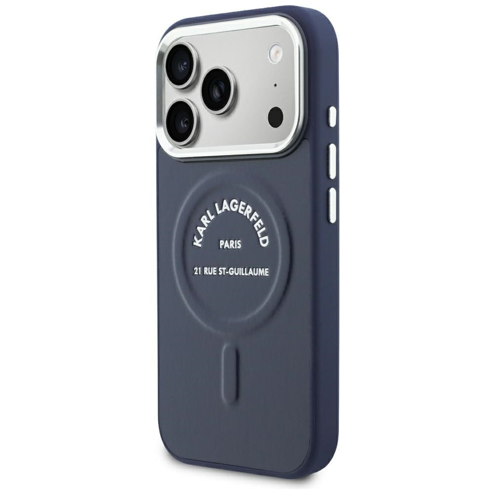 Funda MagSafe para Apple iPhone 18 Pro Max / 17 Pro Max, Karl Lagerfeld, Embossed Open Ring RSG Logo, azul