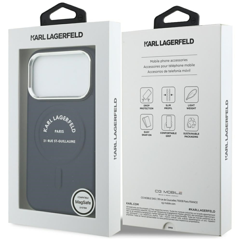Funda MagSafe para Apple iPhone 18 Pro Max / 17 Pro Max, Karl Lagerfeld, Embossed Open Ring RSG Logo, azul