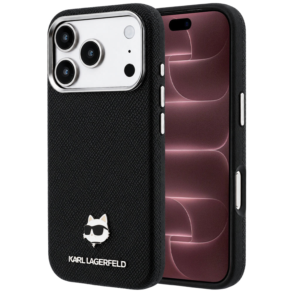 Funda MagSafe para Apple iPhone 18 Pro Max / 17 Pro Max, Karl Lagerfeld, Grained Choupette Head Metal, negra