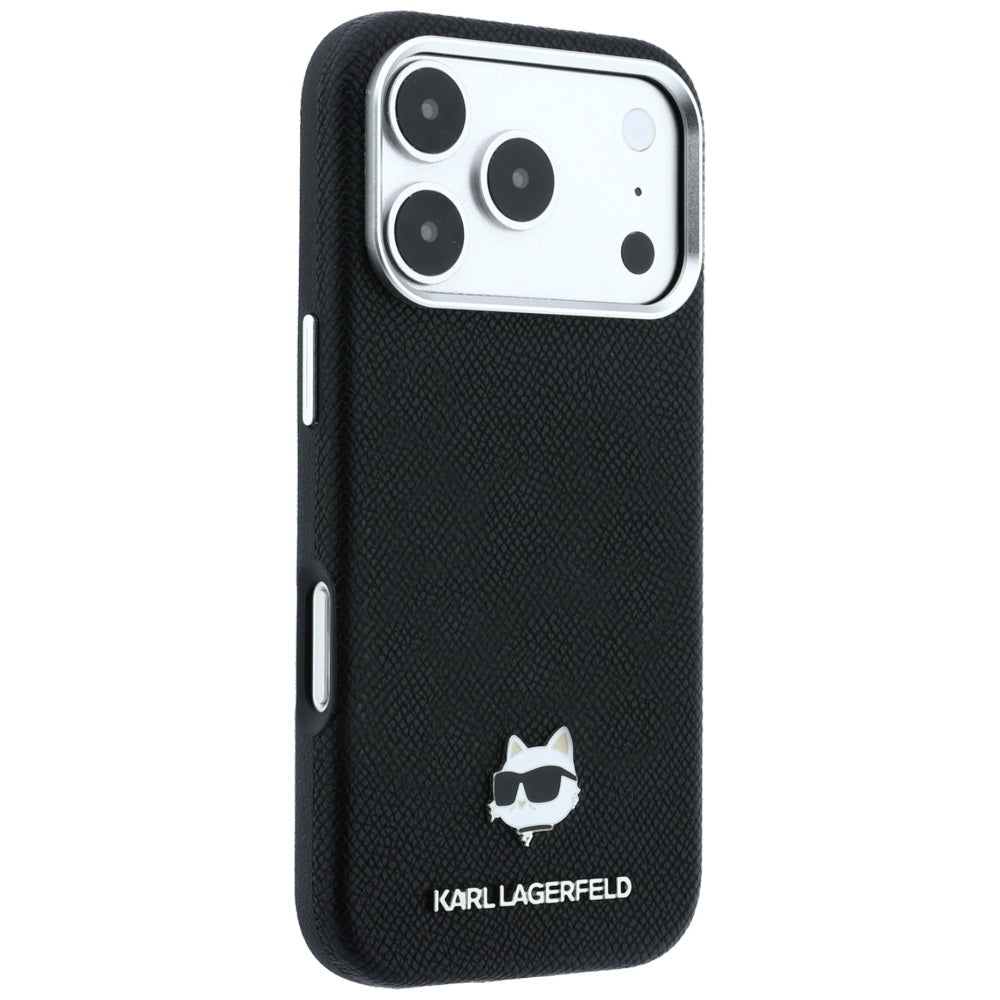 Funda MagSafe para Apple iPhone 18 Pro Max / 17 Pro Max, Karl Lagerfeld, Grained Choupette Head Metal, negra