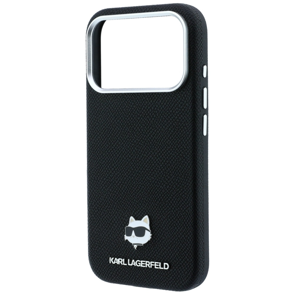 Funda MagSafe para Apple iPhone 18 Pro Max / 17 Pro Max, Karl Lagerfeld, Grained Choupette Head Metal, negra