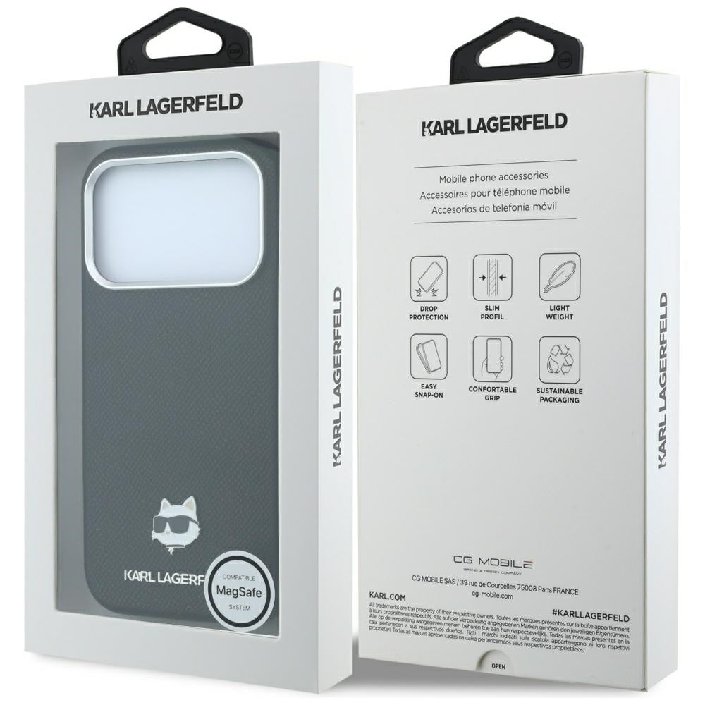 Funda MagSafe para Apple iPhone 18 Pro Max / 17 Pro Max, Karl Lagerfeld, Grained Choupette Head Metal, negra