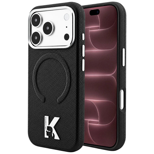 Funda MagSafe para Apple iPhone 18 Pro Max / 17 Pro Max, Karl Lagerfeld, anillo con textura granulada en relieve, negra