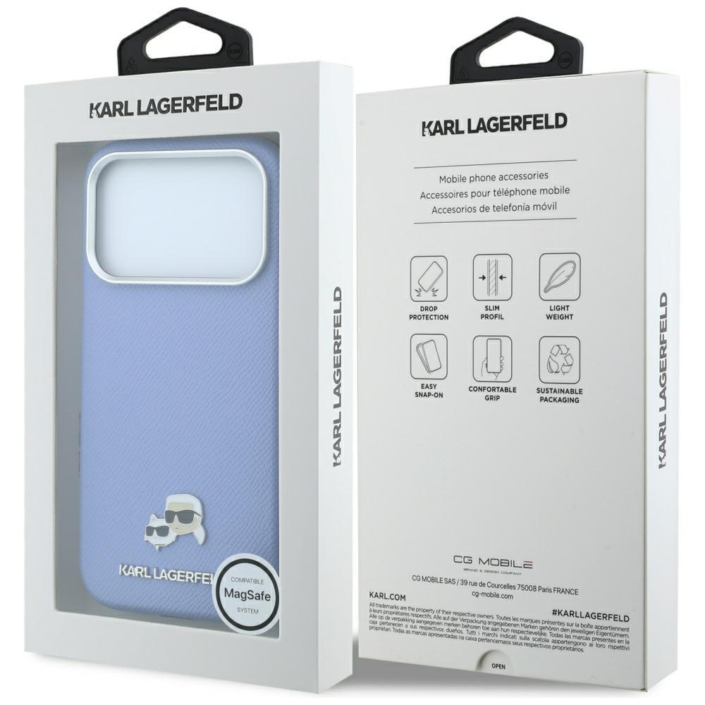 Funda MagSafe para Apple iPhone 18 Pro Max / 17 Pro Max, Karl Lagerfeld, Grained Karl & Choupette Head's Metal, Bleu