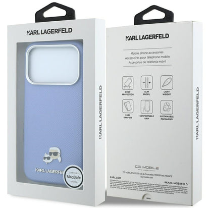 Funda MagSafe para Apple iPhone 18 Pro Max / 17 Pro Max, Karl Lagerfeld, Grained Karl & Choupette Head's Metal, Bleu
