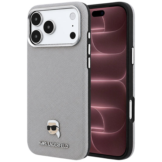 Funda MagSafe para Apple iPhone 18 Pro Max / 17 Pro Max, Karl Lagerfeld, Metal con textura de cabeza de Karl, Gris