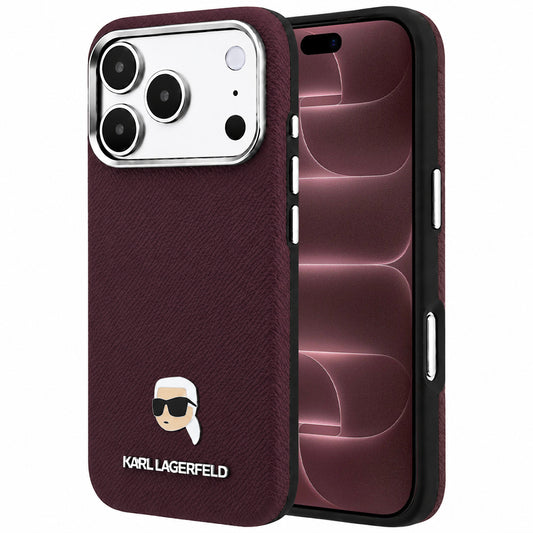 Funda MagSafe para Apple iPhone 18 Pro Max / 17 Pro Max, Karl Lagerfeld, Metal con textura de cabeza de Karl, Burdeos