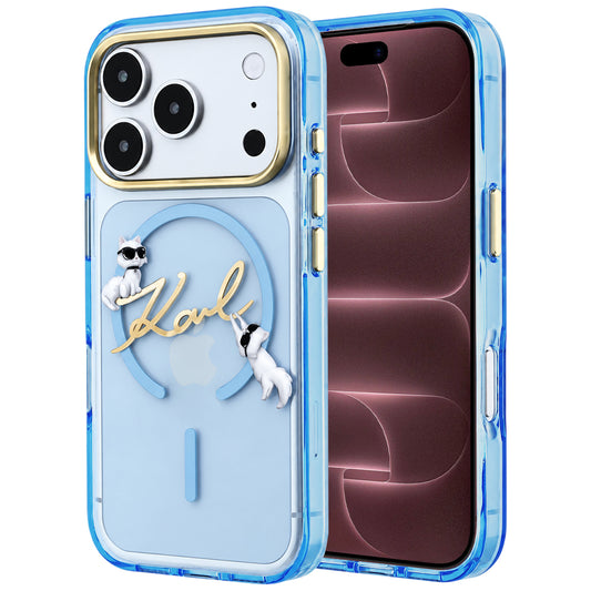 Funda MagSafe para Apple iPhone 18 Pro Max / 17 Pro Max, Karl Lagerfeld, IML Choupette Karl Script Logo, azul celeste