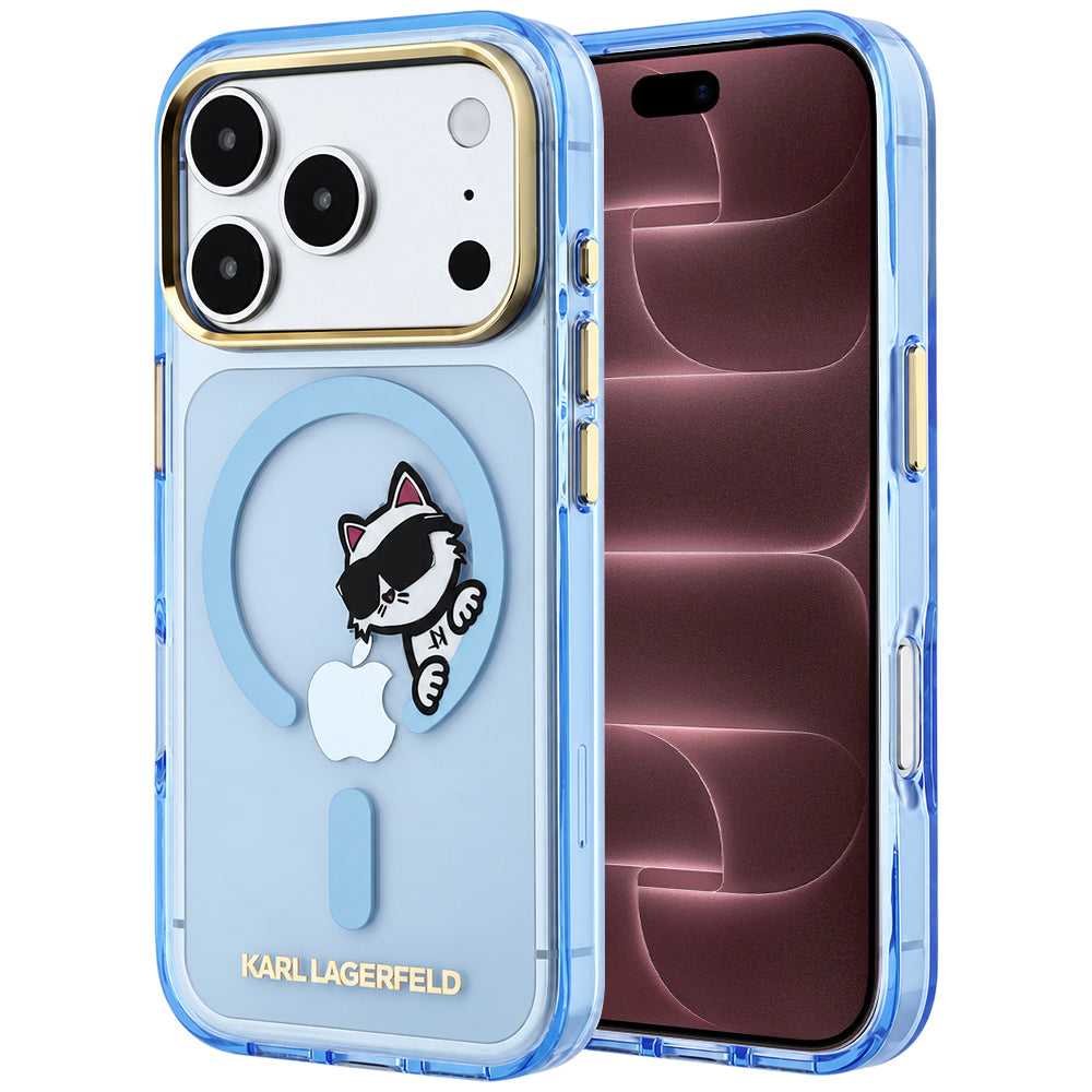 Funda MagSafe para Apple iPhone 18 Pro Max / 17 Pro Max, Karl Lagerfeld, IML Peekaboo Print and Metal Frame, azul.