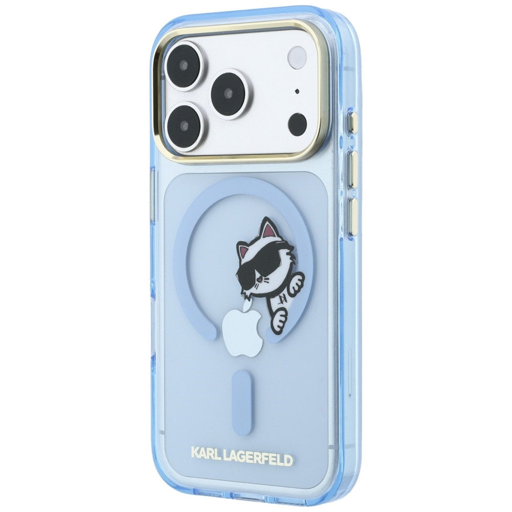 Funda MagSafe para Apple iPhone 18 Pro Max / 17 Pro Max, Karl Lagerfeld, IML Peekaboo Print and Metal Frame, azul.