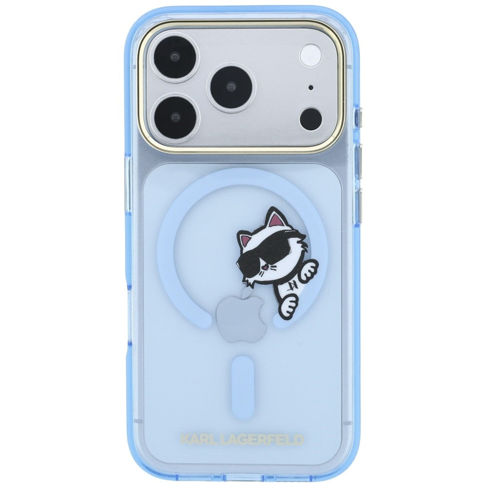 Funda MagSafe para Apple iPhone 18 Pro Max / 17 Pro Max, Karl Lagerfeld, IML Peekaboo Print and Metal Frame, azul.