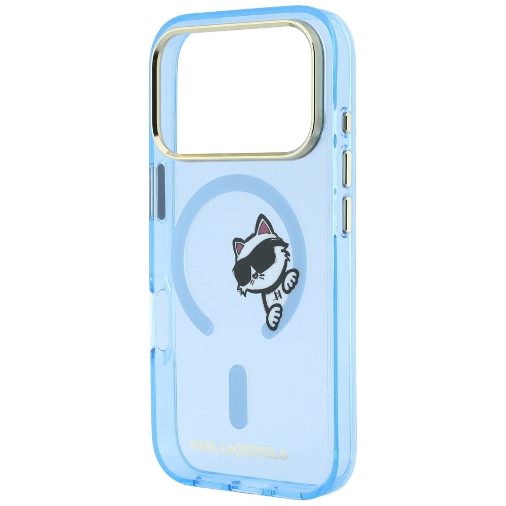 Funda MagSafe para Apple iPhone 18 Pro Max / 17 Pro Max, Karl Lagerfeld, IML Peekaboo Print and Metal Frame, azul.