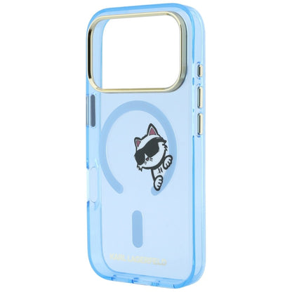 Funda MagSafe para Apple iPhone 18 Pro Max / 17 Pro Max, Karl Lagerfeld, IML Peekaboo Print and Metal Frame, azul.