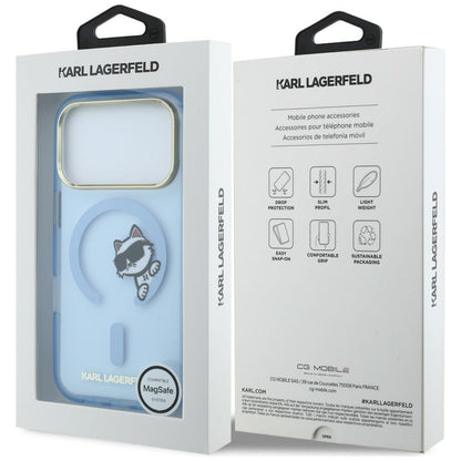 Funda MagSafe para Apple iPhone 18 Pro Max / 17 Pro Max, Karl Lagerfeld, IML Peekaboo Print and Metal Frame, azul.