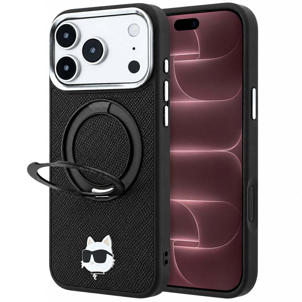 Funda MagSafe para Apple iPhone 18 Pro Max / 17 Pro Max, Karl Lagerfeld, Ring Stand 360 Choupette Pin, Negra