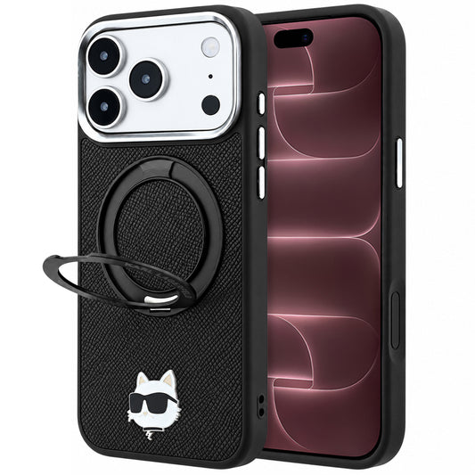 Funda MagSafe para Apple iPhone 18 Pro Max / 17 Pro Max, Karl Lagerfeld, Ring Stand 360 Choupette Pin, Negra