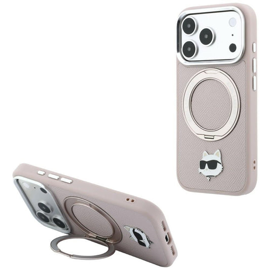 Funda MagSafe para Apple iPhone 18 Pro Max / 17 Pro Max, Karl Lagerfeld, Ring Stand 360 Choupette Pin, rosa