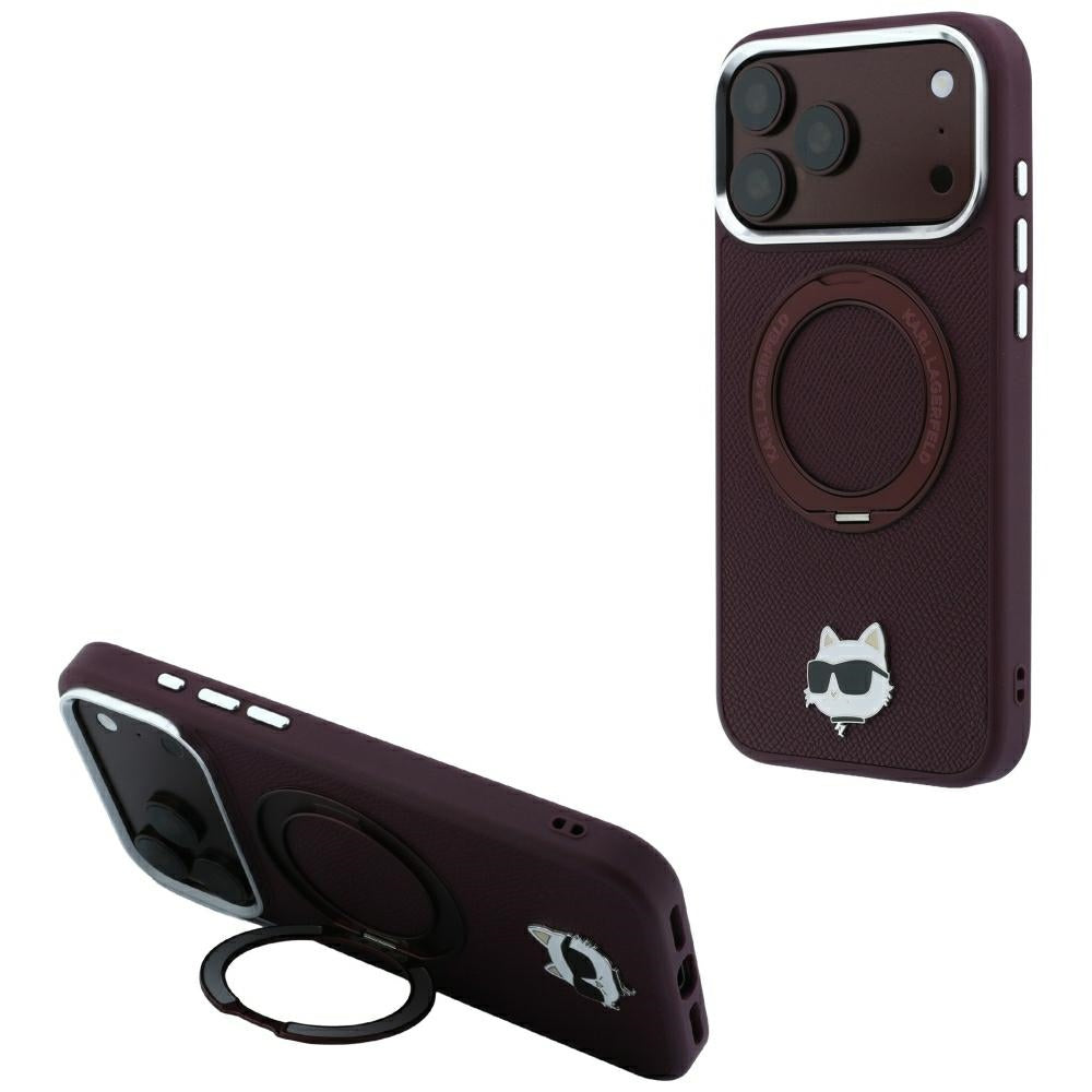 Funda MagSafe para Apple iPhone 18 Pro Max / 17 Pro Max, Karl Lagerfeld, Soporte de Anillo Saffiano 360 Choupette Pin, Burdeos