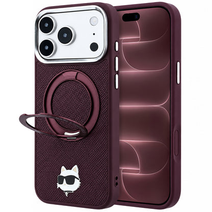 Funda MagSafe para Apple iPhone 18 Pro Max / 17 Pro Max, Karl Lagerfeld, Soporte de Anillo Saffiano 360 Choupette Pin, Burdeos