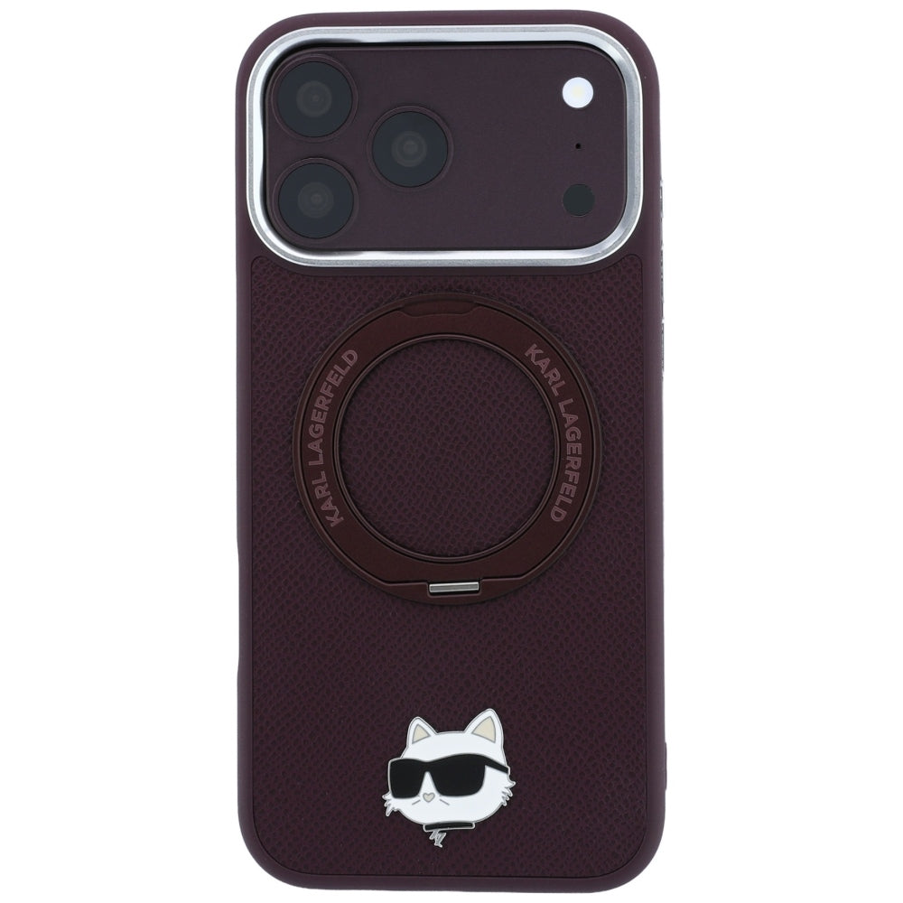 Funda MagSafe para Apple iPhone 18 Pro Max / 17 Pro Max, Karl Lagerfeld, Soporte de Anillo Saffiano 360 Choupette Pin, Burdeos