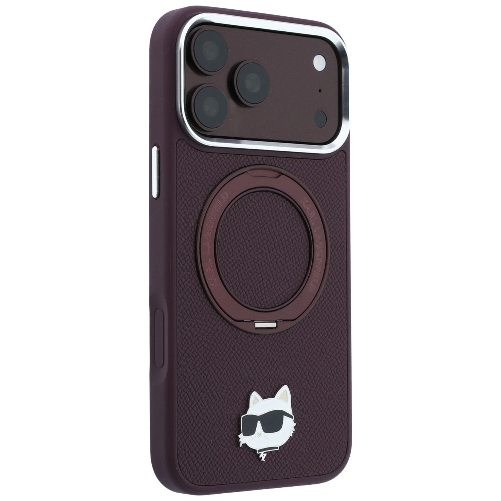 Funda MagSafe para Apple iPhone 18 Pro Max / 17 Pro Max, Karl Lagerfeld, Soporte de Anillo Saffiano 360 Choupette Pin, Burdeos