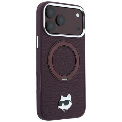 Funda MagSafe para Apple iPhone 18 Pro Max / 17 Pro Max, Karl Lagerfeld, Soporte de Anillo Saffiano 360 Choupette Pin, Burdeos