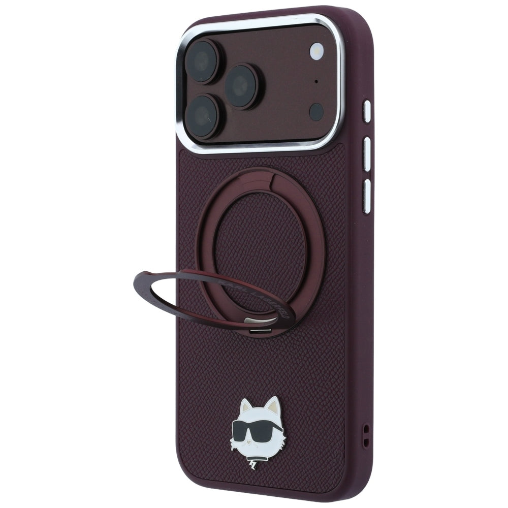 Funda MagSafe para Apple iPhone 18 Pro Max / 17 Pro Max, Karl Lagerfeld, Soporte de Anillo Saffiano 360 Choupette Pin, Burdeos