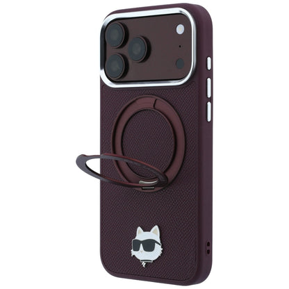 Funda MagSafe para Apple iPhone 18 Pro Max / 17 Pro Max, Karl Lagerfeld, Soporte de Anillo Saffiano 360 Choupette Pin, Burdeos