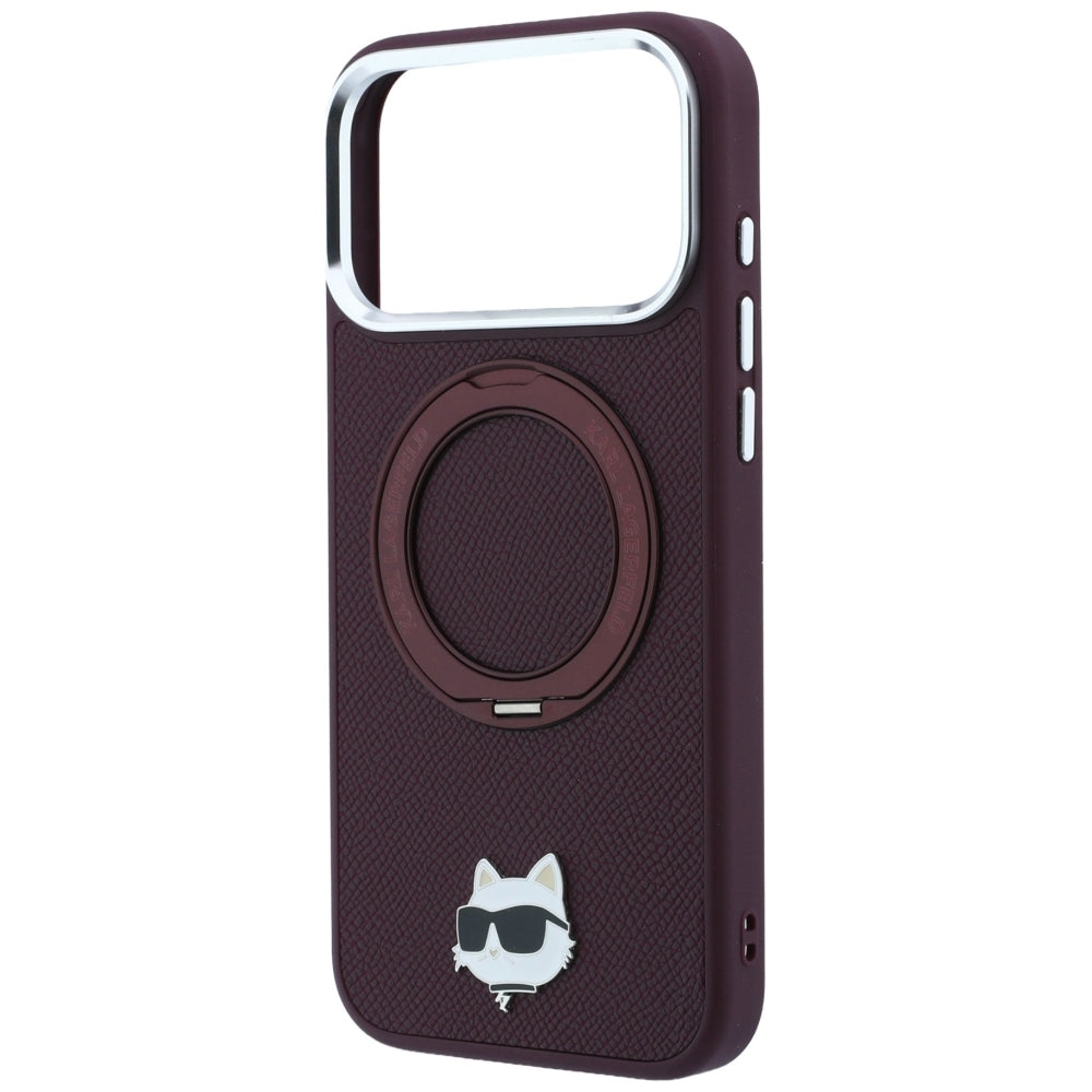 Funda MagSafe para Apple iPhone 18 Pro Max / 17 Pro Max, Karl Lagerfeld, Soporte de Anillo Saffiano 360 Choupette Pin, Burdeos