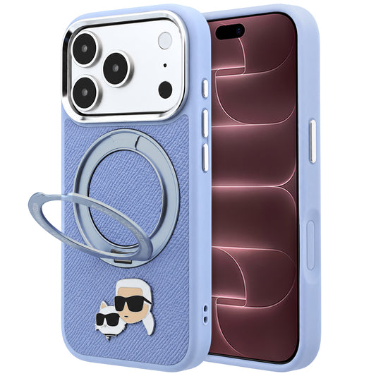 Funda MagSafe para Apple iPhone 18 Pro Max / 17 Pro Max, Karl Lagerfeld, Soporte Anillo 360 Karl & Pin Choupette, Azul