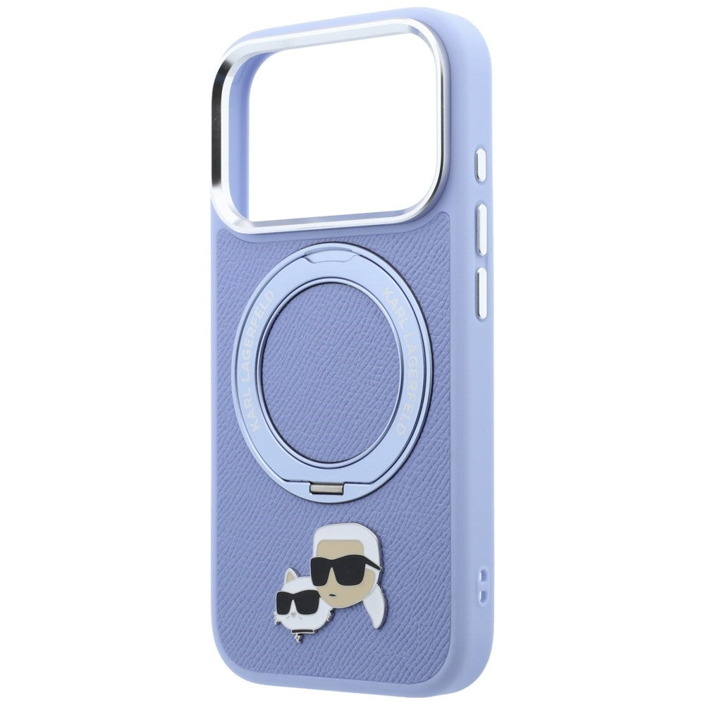 Funda MagSafe para Apple iPhone 18 Pro Max / 17 Pro Max, Karl Lagerfeld, Soporte Anillo 360 Karl & Pin Choupette, Azul