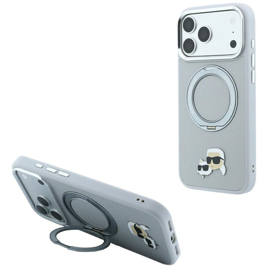 Funda MagSafe para Apple iPhone 18 Pro Max / 17 Pro Max, Karl Lagerfeld, Ring Stand 360 Karl & Choupette Pin, Gris