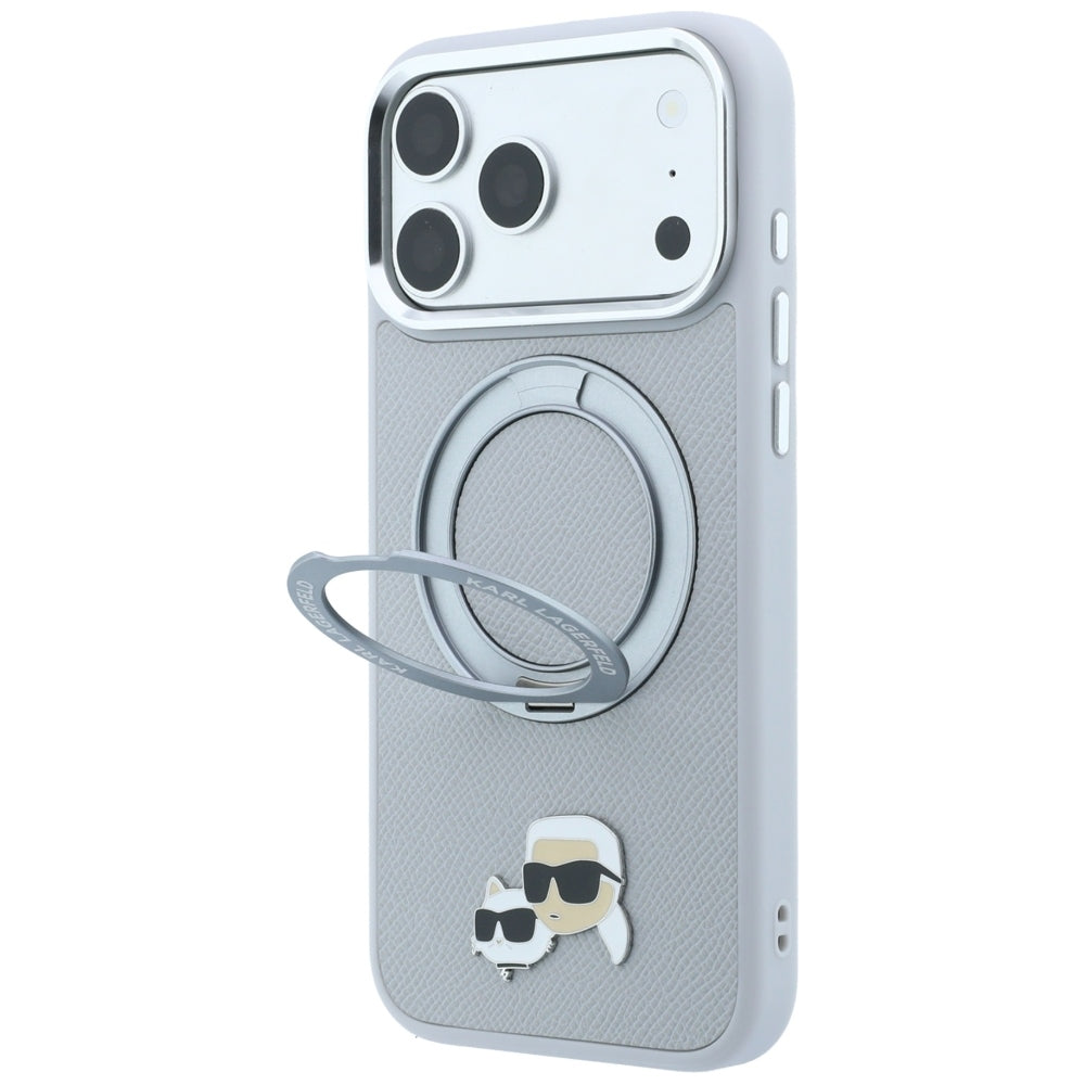 Funda MagSafe para Apple iPhone 18 Pro Max / 17 Pro Max, Karl Lagerfeld, Ring Stand 360 Karl & Choupette Pin, Gris
