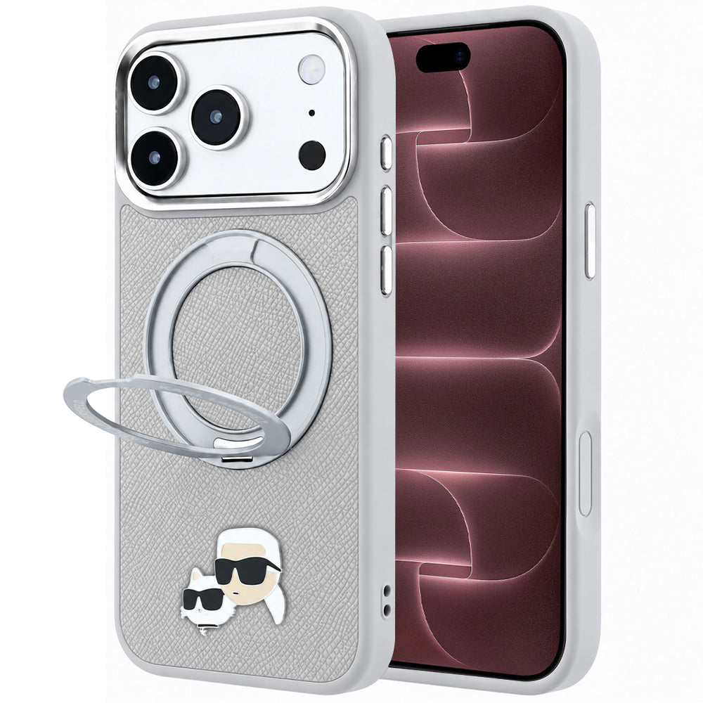 Funda MagSafe para Apple iPhone 18 Pro Max / 17 Pro Max, Karl Lagerfeld, Ring Stand 360 Karl & Choupette Pin, Gris