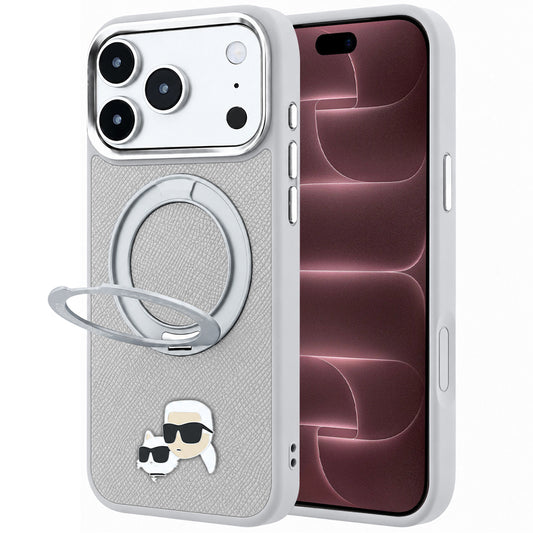 Funda MagSafe para Apple iPhone 18 Pro Max / 17 Pro Max, Karl Lagerfeld, Ring Stand 360 Karl & Choupette Pin, Gris