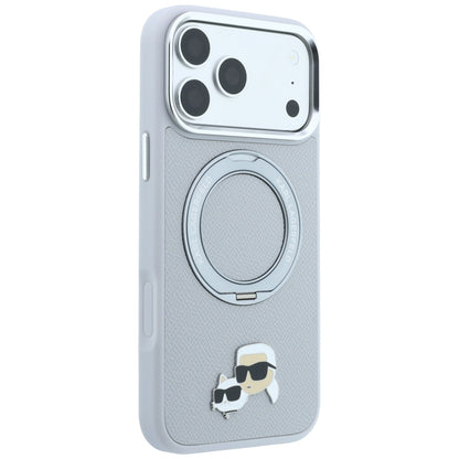 Funda MagSafe para Apple iPhone 18 Pro Max / 17 Pro Max, Karl Lagerfeld, Ring Stand 360 Karl & Choupette Pin, Gris