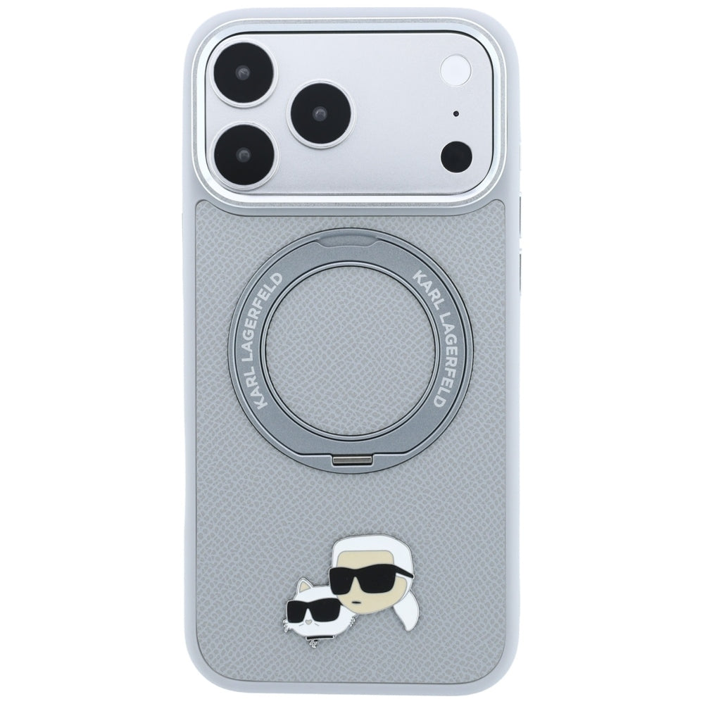 Funda MagSafe para Apple iPhone 18 Pro Max / 17 Pro Max, Karl Lagerfeld, Ring Stand 360 Karl & Choupette Pin, Gris