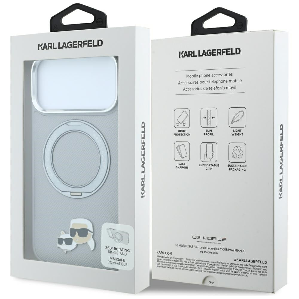 Funda MagSafe para Apple iPhone 18 Pro Max / 17 Pro Max, Karl Lagerfeld, Ring Stand 360 Karl & Choupette Pin, Gris