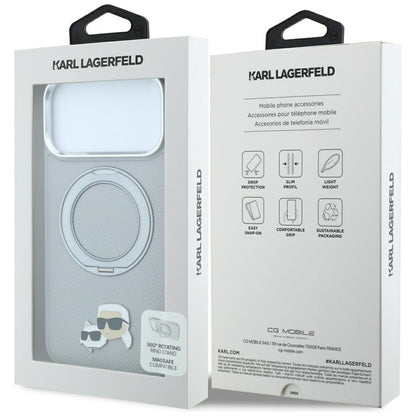 Funda MagSafe para Apple iPhone 18 Pro Max / 17 Pro Max, Karl Lagerfeld, Ring Stand 360 Karl & Choupette Pin, Gris