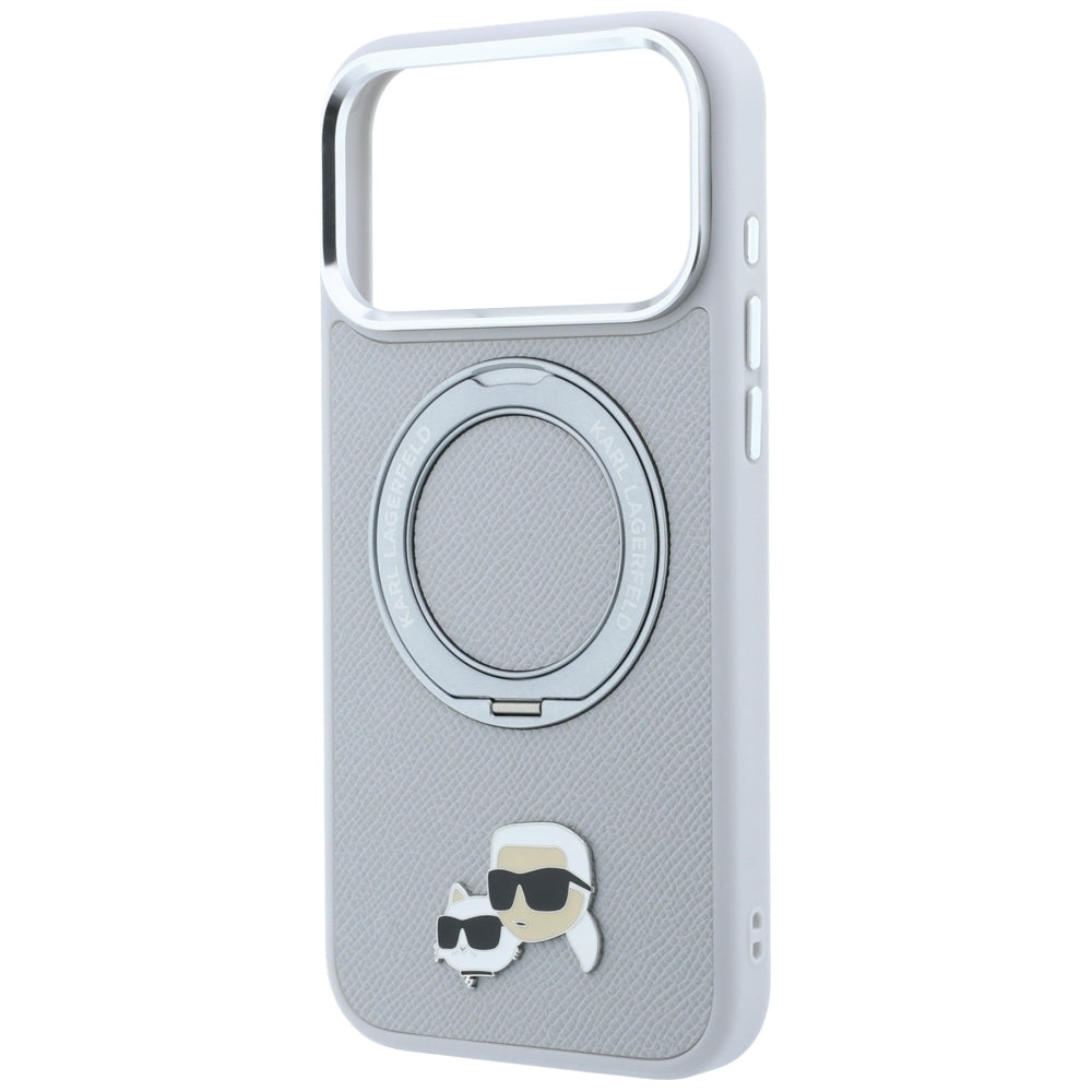 Funda MagSafe para Apple iPhone 18 Pro Max / 17 Pro Max, Karl Lagerfeld, Ring Stand 360 Karl & Choupette Pin, Gris