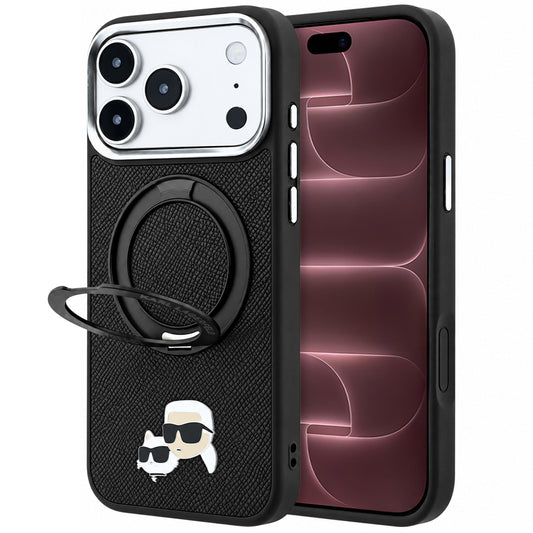 Funda MagSafe para Apple iPhone 18 Pro Max / 17 Pro Max, Karl Lagerfeld, Soporte Anillo 360 Karl & Choupette Pin, Negra