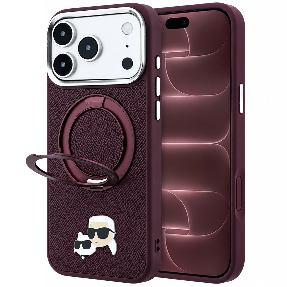 Funda MagSafe para Apple iPhone 18 Pro Max / 17 Pro Max, Karl Lagerfeld, Ring Stand 360 Karl & Choupette Pin, color vino