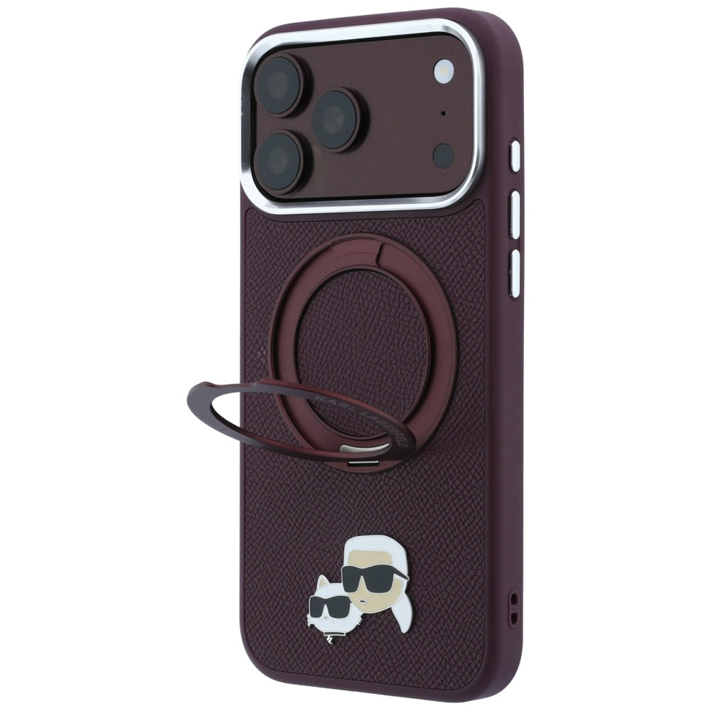 Funda MagSafe para Apple iPhone 18 Pro Max / 17 Pro Max, Karl Lagerfeld, Ring Stand 360 Karl & Choupette Pin, color vino