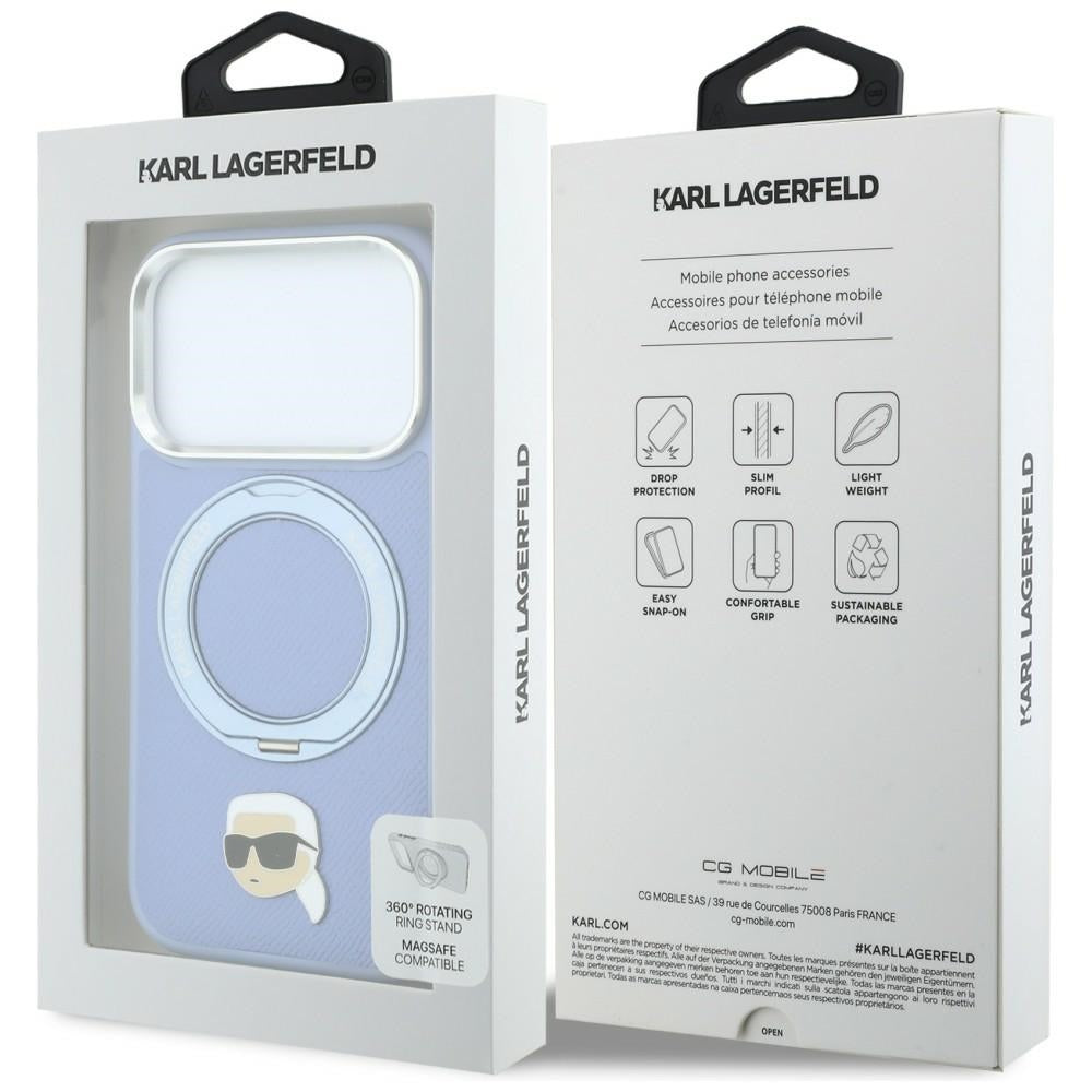 Funda MagSafe para Apple iPhone 18 Pro Max / 17 Pro Max, Karl Lagerfeld, Ring Stand 360 Karl Pin, azul celeste