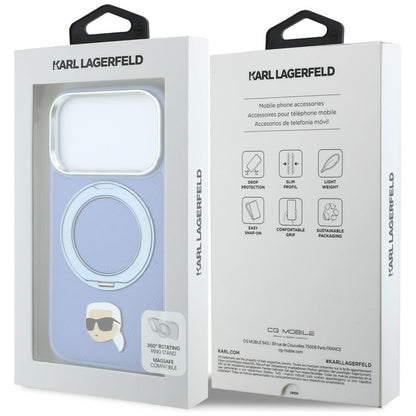 Funda MagSafe para Apple iPhone 18 Pro Max / 17 Pro Max, Karl Lagerfeld, Ring Stand 360 Karl Pin, azul celeste