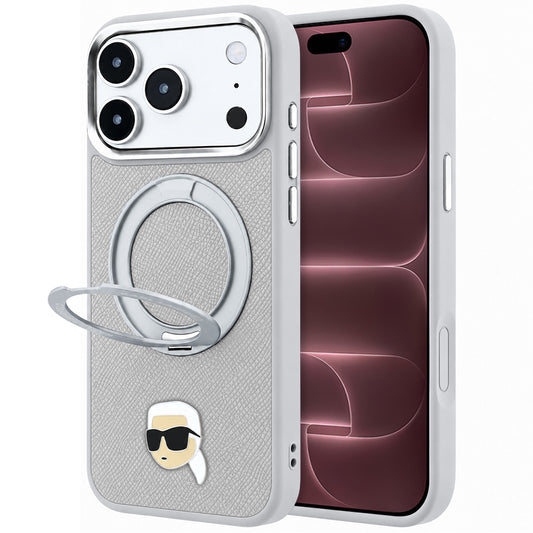 Funda MagSafe para Apple iPhone 18 Pro Max / 17 Pro Max, Karl Lagerfeld, Ring Stand 360 Karl Pin, Gris