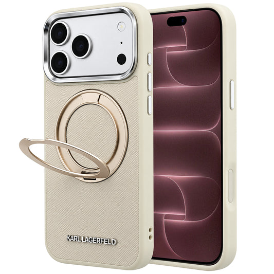 Funda MagSafe para Apple iPhone 18 Pro Max / 17 Pro Max, Karl Lagerfeld, Ring Stand 360 Saffiano, Beige
