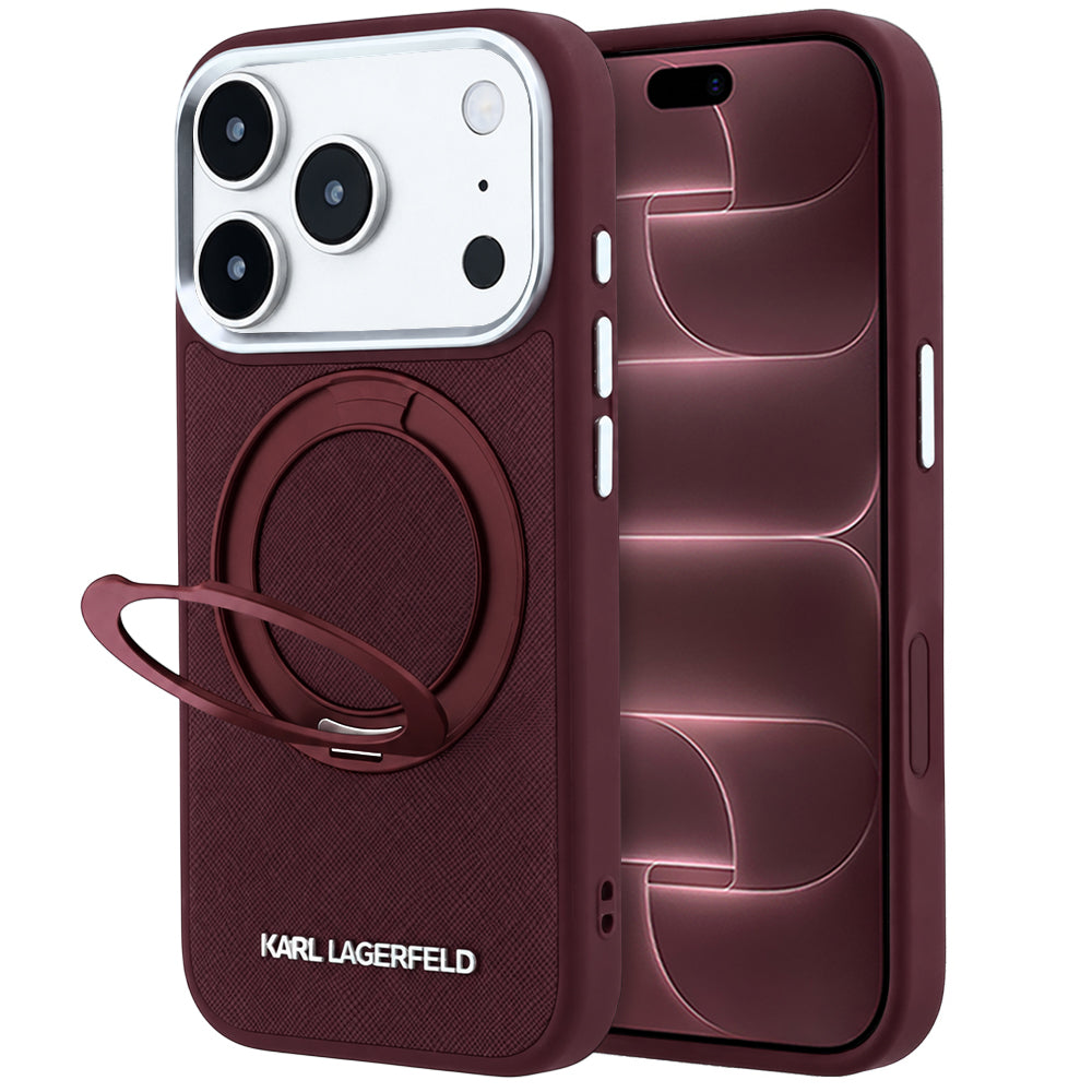 MagSafe Case for Apple iPhone 18 Pro Max / 17 Pro Max, Karl Lagerfeld, Ring Stand 360 Saffiano, Burgundy