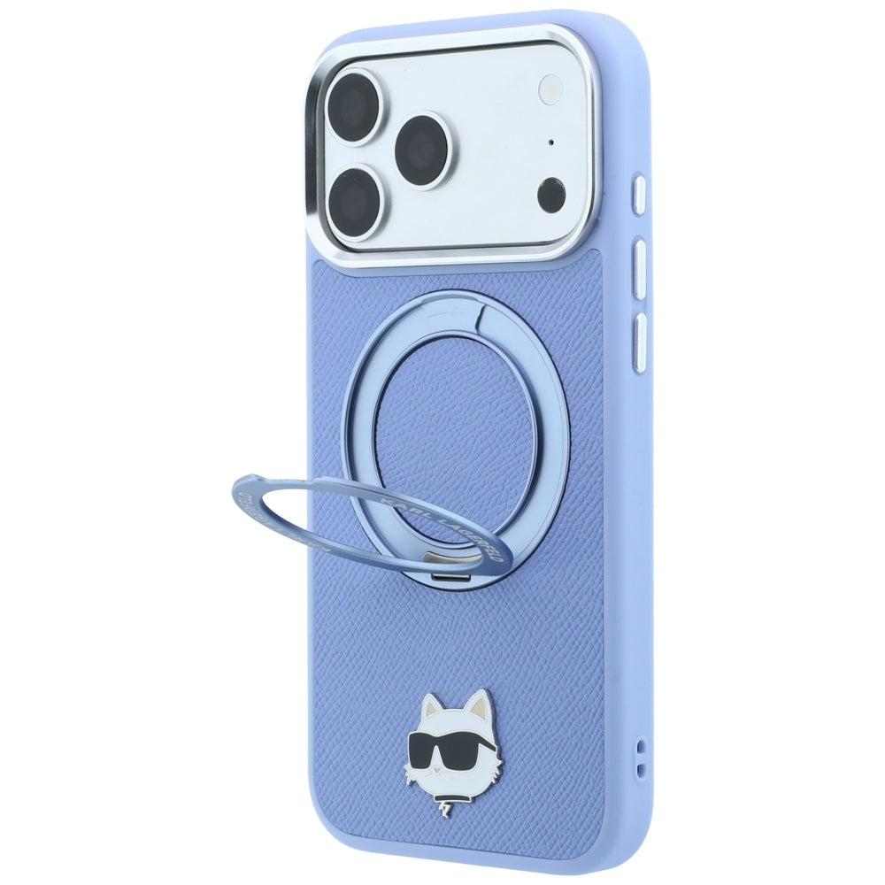 Funda MagSafe para Apple iPhone 18 Pro Max / 17 Pro Max, Karl Lagerfeld, Saffiano Ring Stand 360 Choupette Pin, Azul