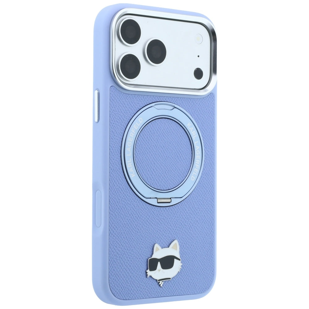 Funda MagSafe para Apple iPhone 18 Pro Max / 17 Pro Max, Karl Lagerfeld, Saffiano Ring Stand 360 Choupette Pin, Azul